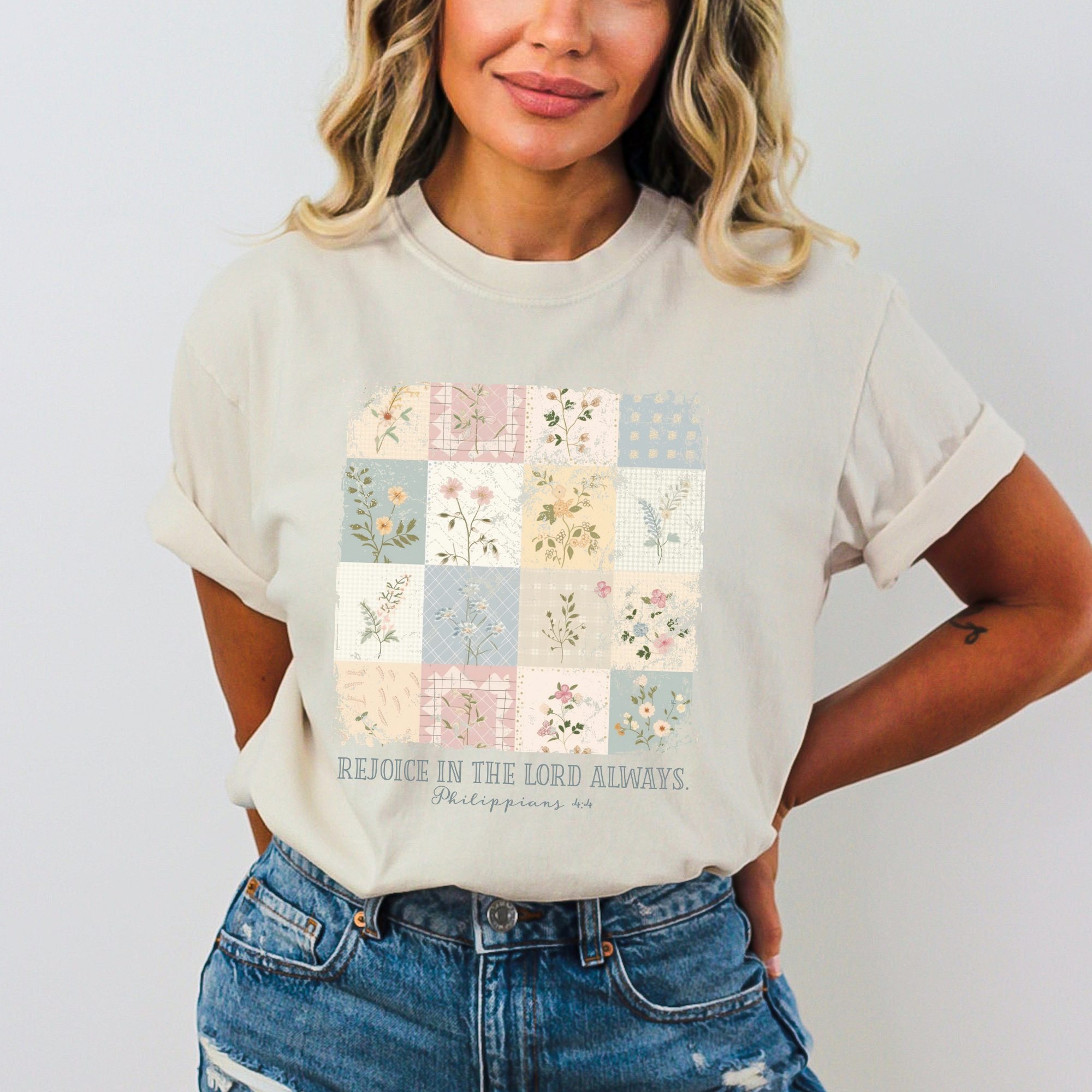 Scripted Pearl - Wholesale Screen Printed T-Shirt - Women's - Rejoice In The Lord Always Vintage Floral Comfort Colors Tee8