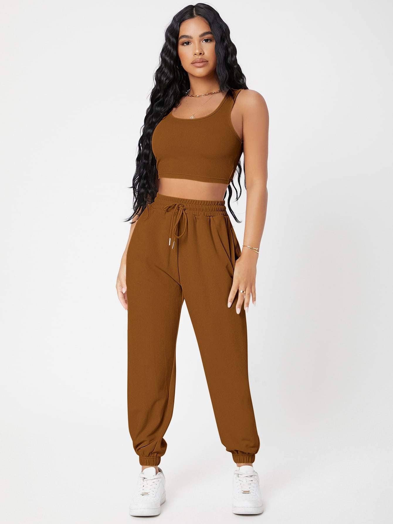 Fashion Combination - Wholesale Lounge set – Women's - petite solid crop tank top and joggers set13