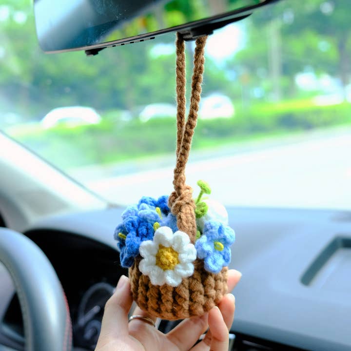 Crochet Forget Me Not Car Mirror Hanging, Blue Flower Basket for wholesale by Anh2 LTD