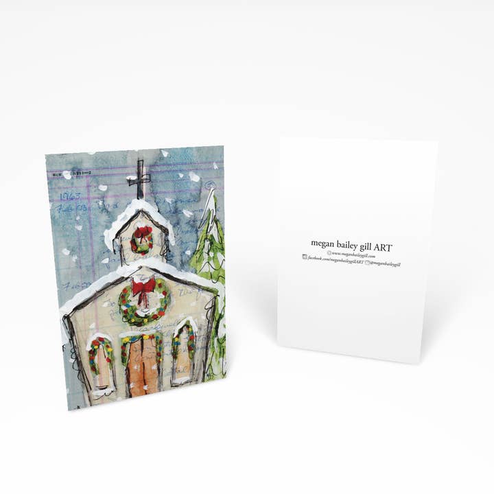 Église hivernale avec couronne 01 carte de vœux ou carte de vœux pour la vente par MeganBaileyGillART