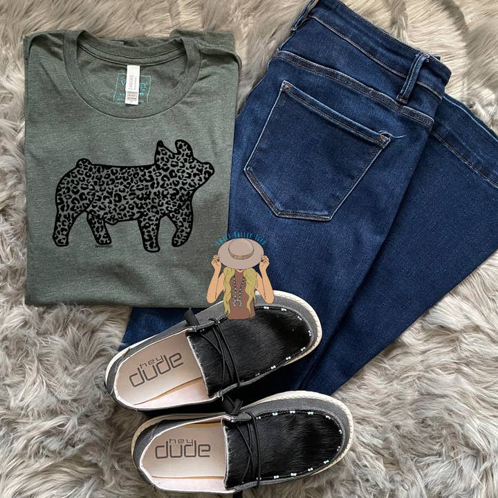 Leopard Pig Tee - Olive for wholesale by Sweet Valley Tees