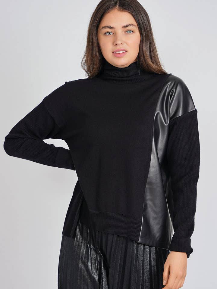 Black Sweater with Side Leather Flair for wholesale by Miss Finch NYC