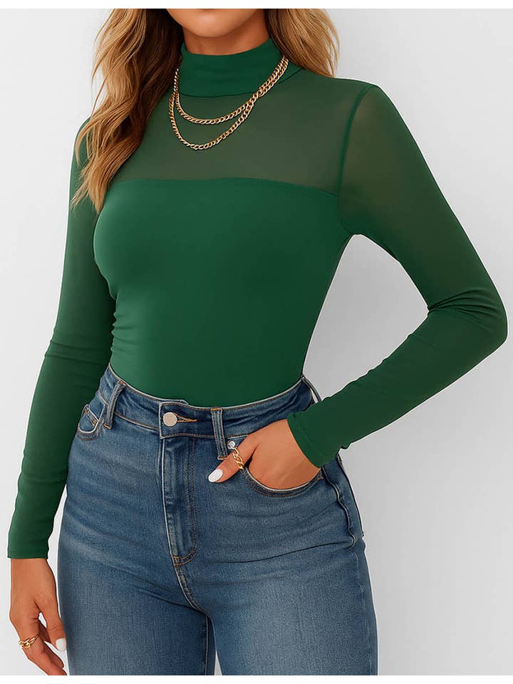 Sweetkama - Wholesale Knit Top - Women's - Ladies See Sheer Mock Neck Long Sleeves Mesh Top3