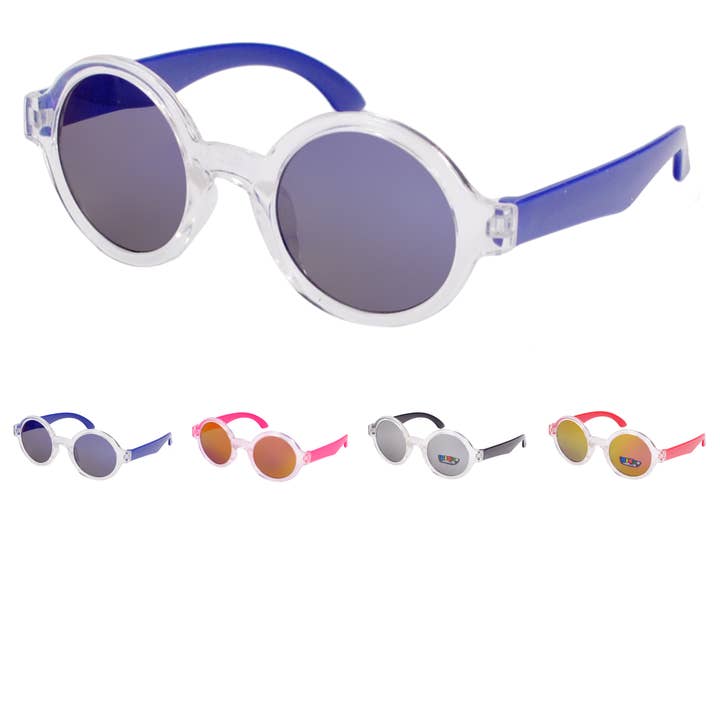 Kinder-Sonnenbrille mit runden Gläsern und bunten Kontrastbügeln K073 für den Großhandel von Hot Sunglasses Wholesale