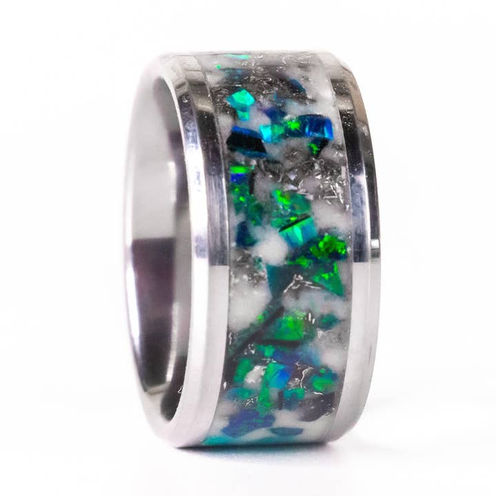 Bête d'Opale Éternelle - Bague en Tungstène 12mm pour la vente par Natural Evolution Design