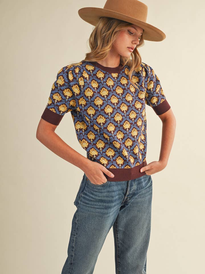 &MERCI - Wholesale Knit Sweater - Women's - FLORAL PATTERN SHORT SLEEVE SWEATER MSW108601