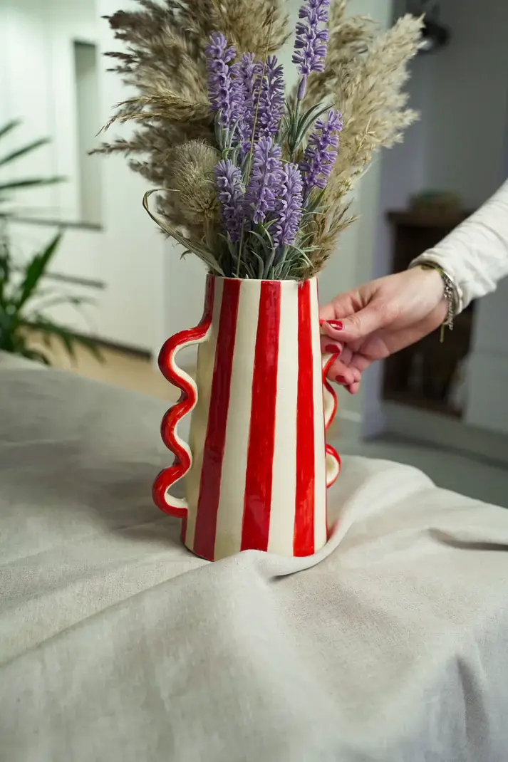 High crafty - Wholesale Vase - Handmade Striped Ceramic Vase with Wavy Handles – 22.5 cm2