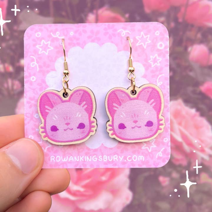 Pink Cat Wooden Earrings for wholesale by Rowan Kingsbury