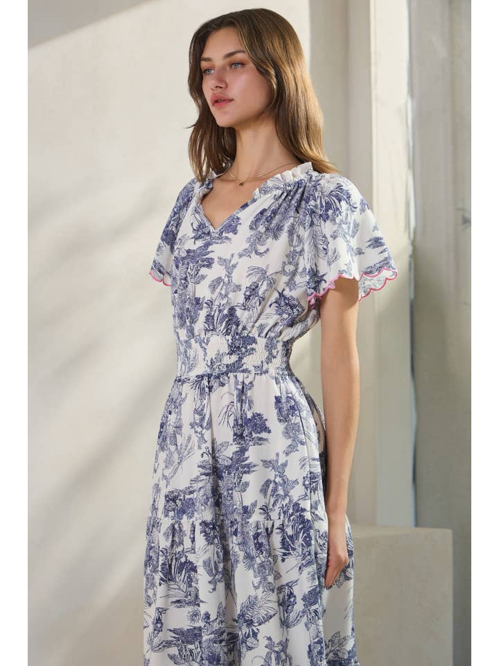Blue Multi Plus Toi De Paris Printed Tired Midi Dress for wholesale on Faire