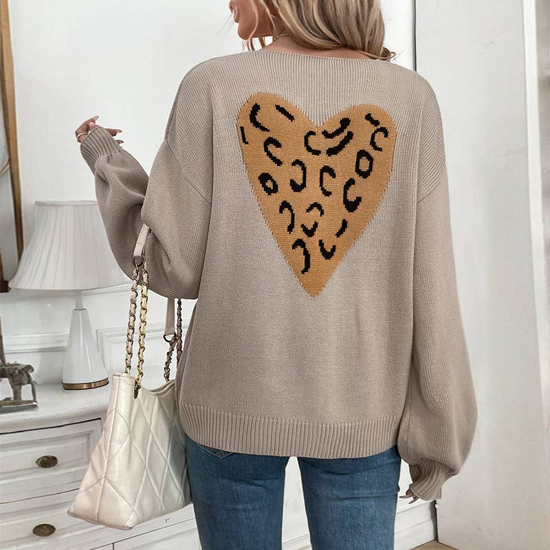 Apricot Lace-Up Bow Love Leopard Print Panelled Knitted Cardigan for wholesale on Faire4