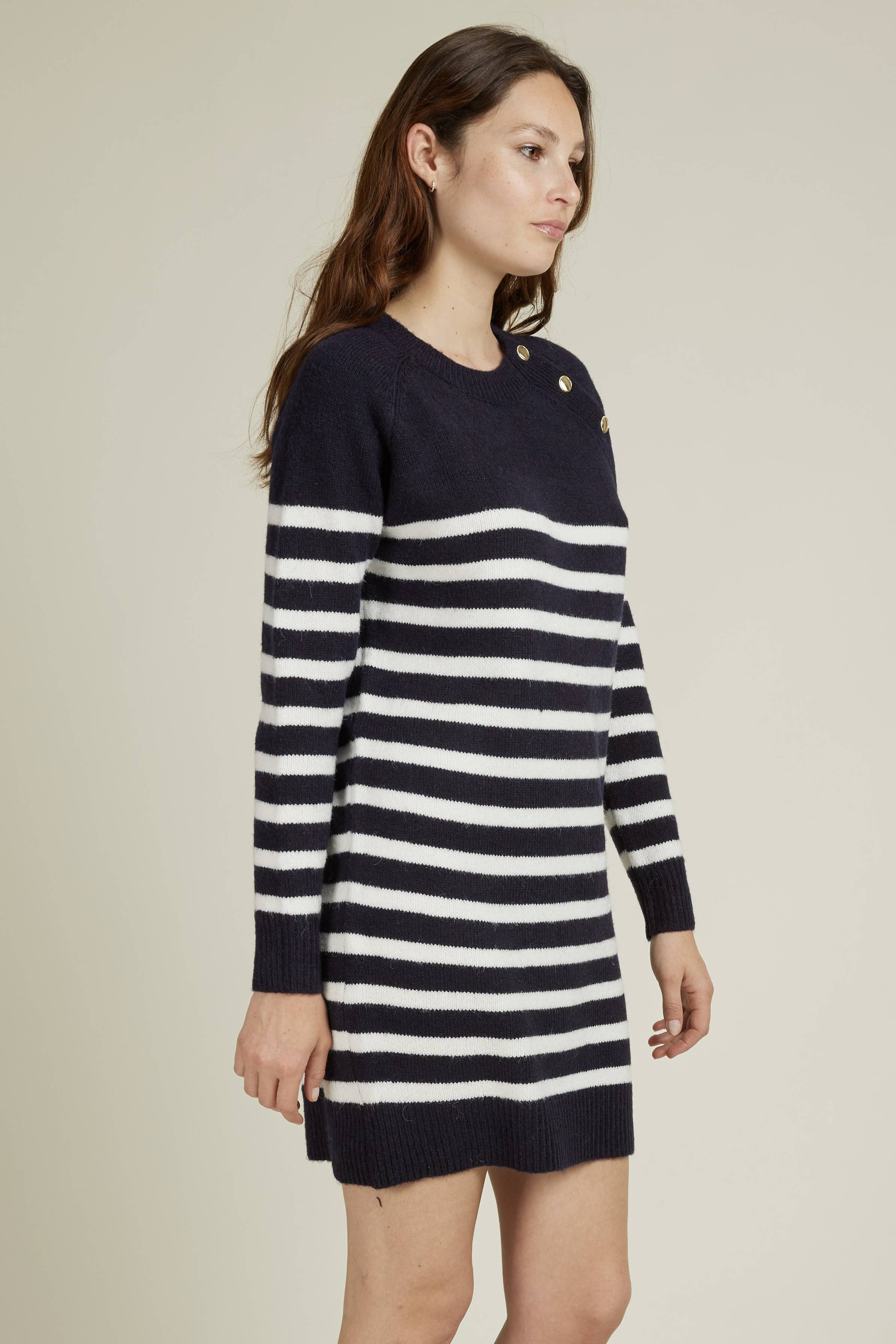 Andy & Lucy - Wholesale Dress - Women's - ARLENE - Mid-length sweater dress with stripes and gold buttons17