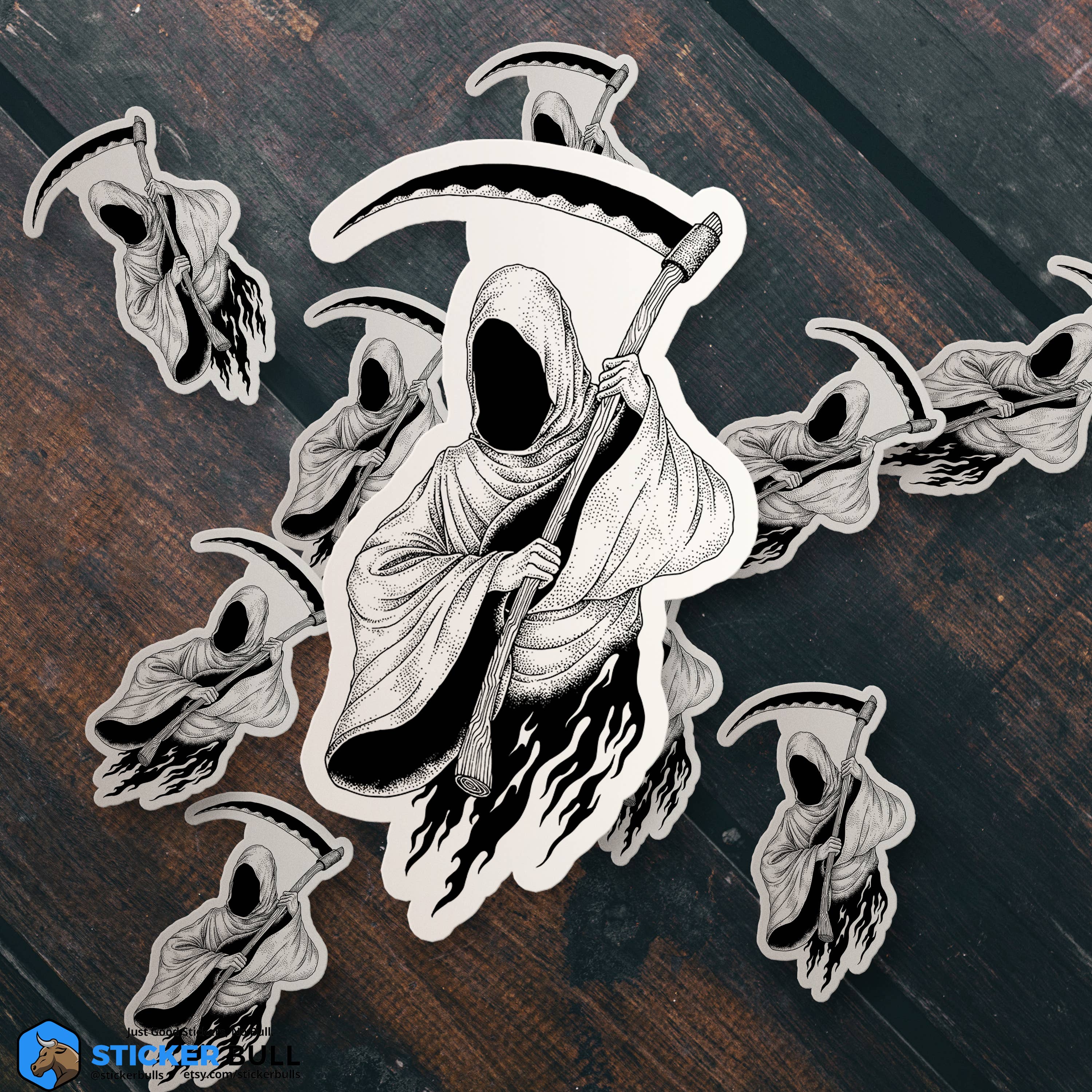 Sticker Bull - Venta al por mayor Pegatina - Pegatina vintage de Grim Reaper en blanco y negro6