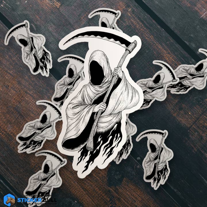 Sticker Bull - Venta al por mayor Pegatina - Pegatina vintage de Grim Reaper en blanco y negro6