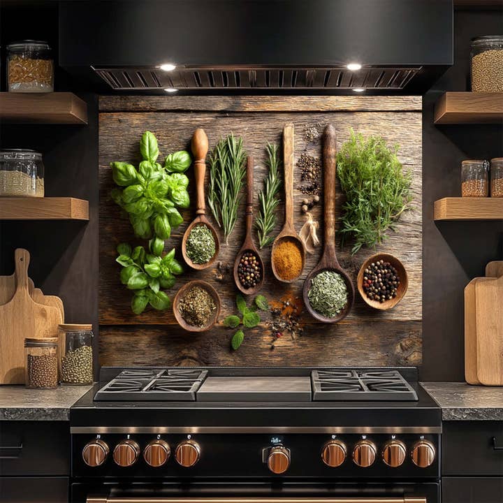 Herbal Harmony – Tempered Glass Backsplash for Kitchen Stove | Rustic Botanical Backsplash for wholesale by Glass Kitchen Backsplash