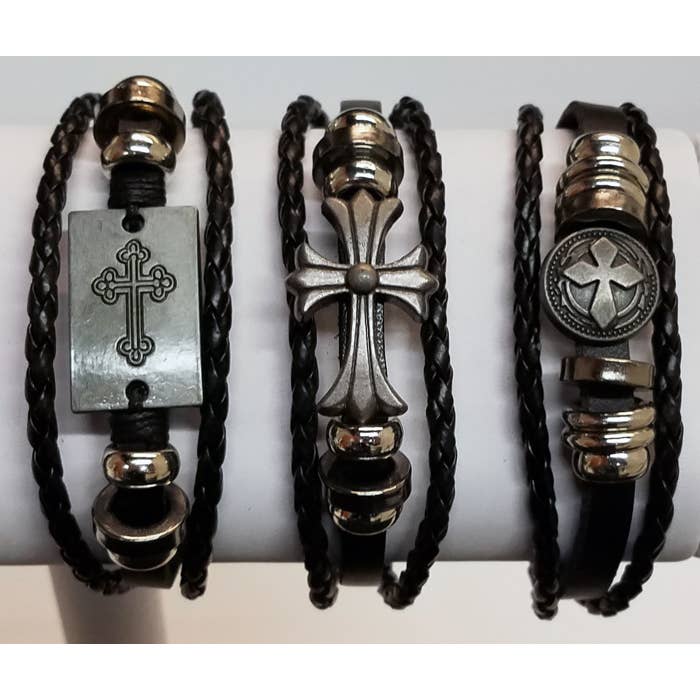 Cross Designs Leather Bracelet for wholesale by Peaceful Village Inc.