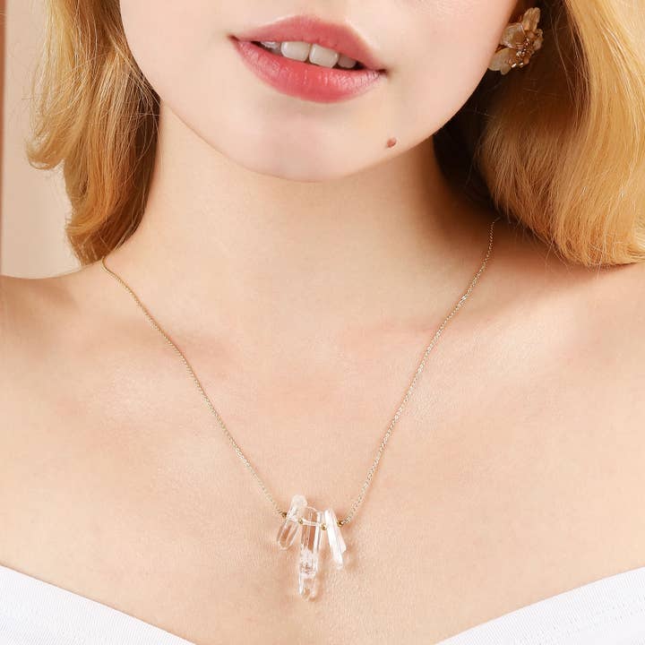 Triple Rough Quartz Crystal Point Necklace (Gold or Silver) for wholesale by Less is More
