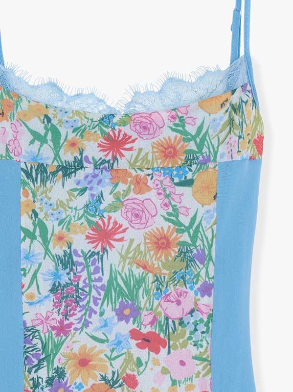 Blue FLOWER PRINTED COLOR BLOCK CAMI DRESS for wholesale on Faire