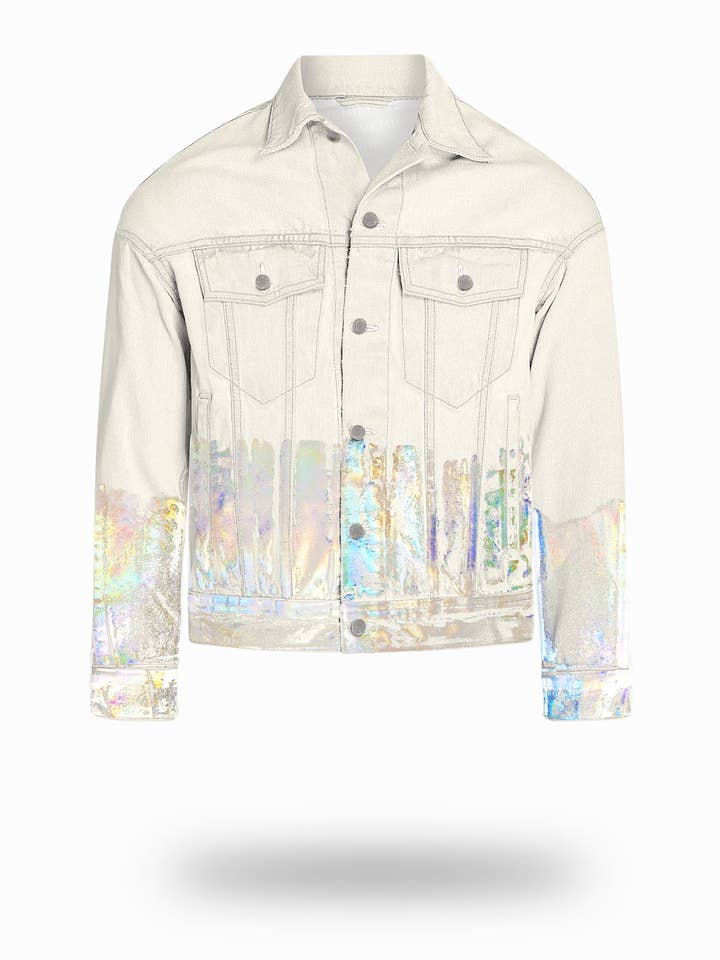 Jaqueta jeans esbranquiçada mais curta com folha holográfica por atacado de VENIM