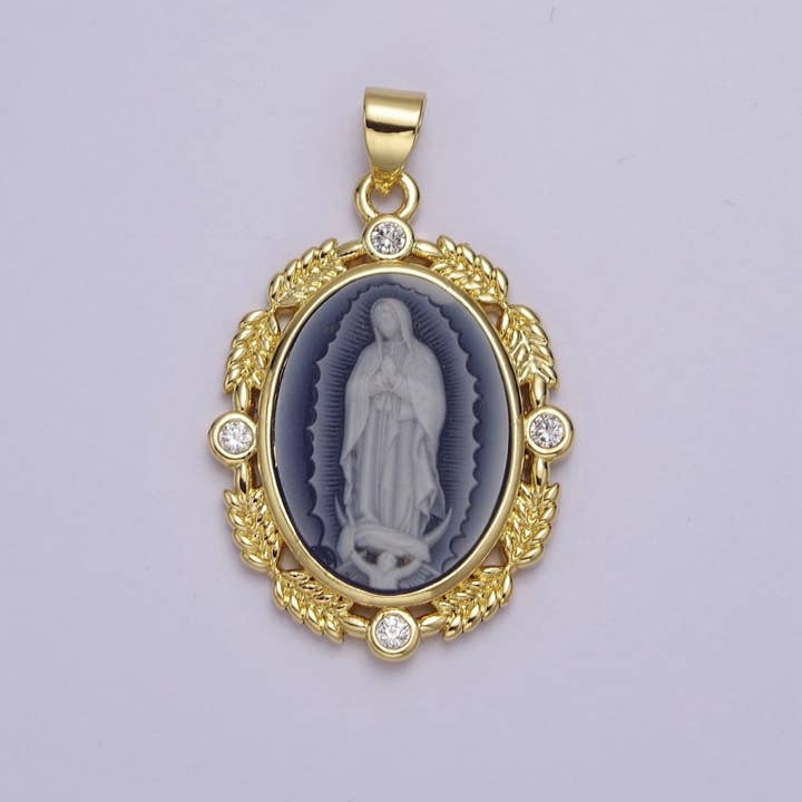Aim Eternal - Wholesale Pendant/Charm Necklace - Dainty Micro Pave Vintage Blue Agate Virgin Mary pendant Lady Guadalupe cameo jewelry Charm Necklace J-185
