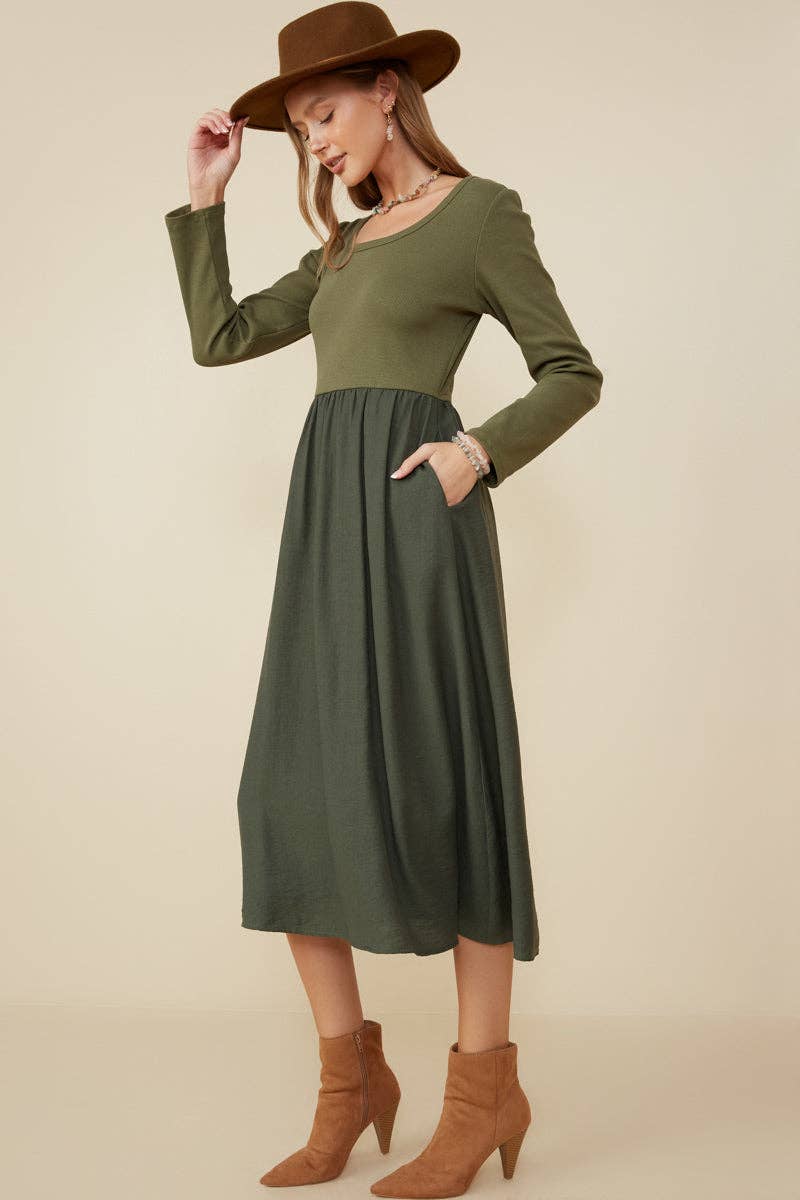 Olive Womens Ribbed Knit Mixed Media Scoop Neck Dress for wholesale on Faire4