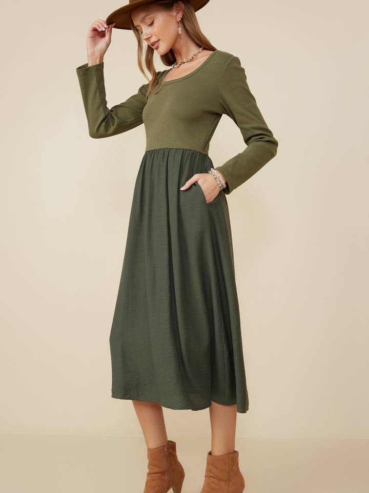 Olive Womens Ribbed Knit Mixed Media Scoop Neck Dress for wholesale on Faire4