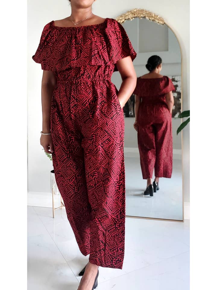 India Batik - Wholesale Jumpsuit - Women's - Full Romper / Junpsuit Red/Black -1123