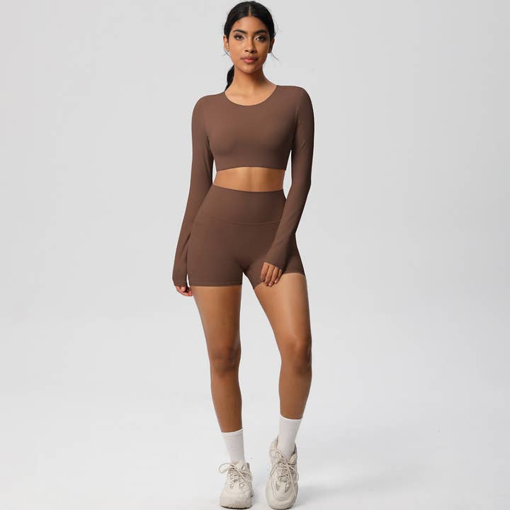 Sodalemon – Engroshandel Activewear-sæt – til kvinder – Kvinder Højtaljet Yogasæt: Langærmet Top + Shorts med Lommer