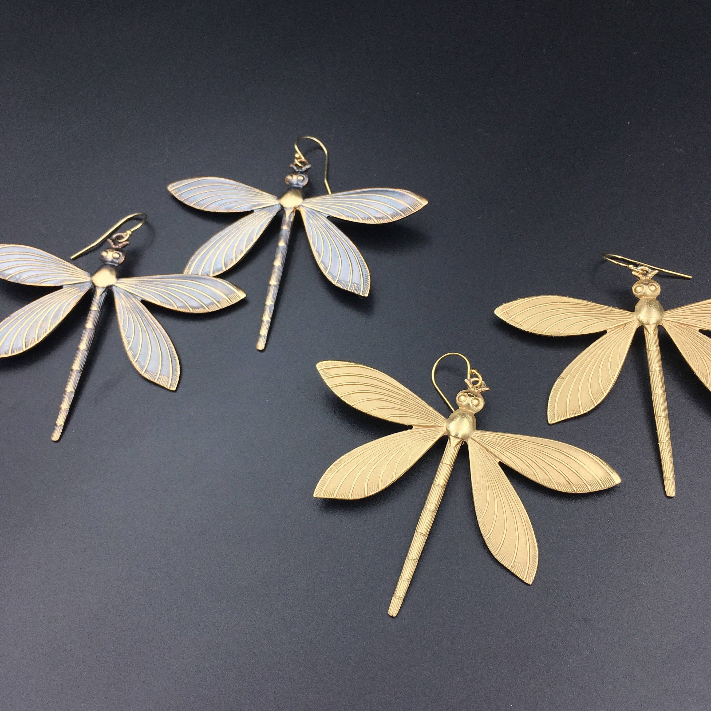 Metal Cloth & Wood - Wholesale Dangle Earrings - Brass Dragonfly Insect Earrings -- Available in Antiqued or Bright Gold!3