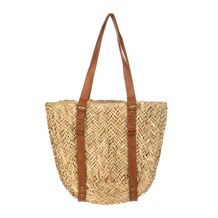 Sac de plage Jolie Seagrass avec fermeture zippée et bandoulière en cuir pour la vente par Bay Sky Home