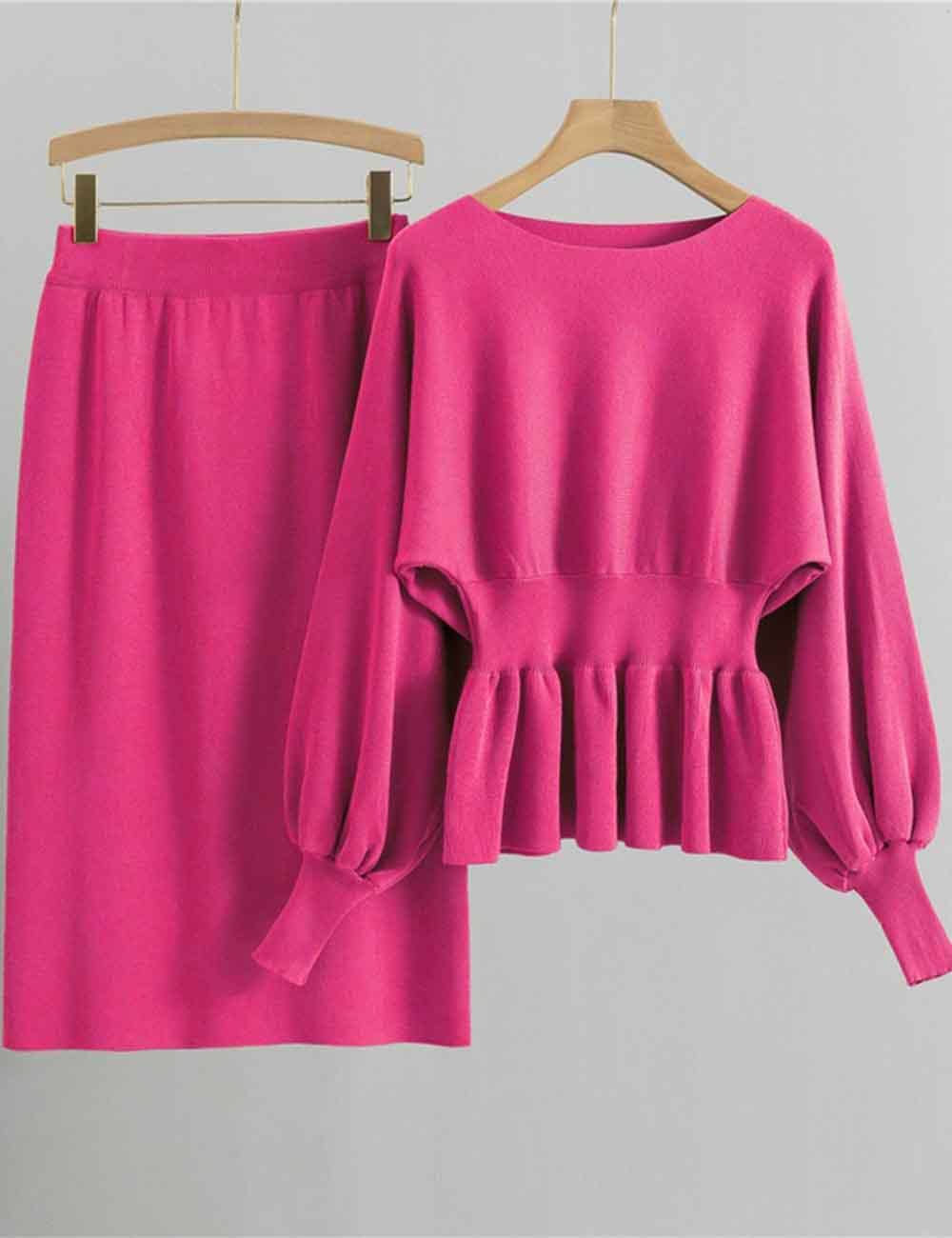 Sweetkama – Engroshandel Top- og nederdelsæt - Dame – Dame Pullover med Pufærmer Langærmet Striktop & Nederdelsæt7