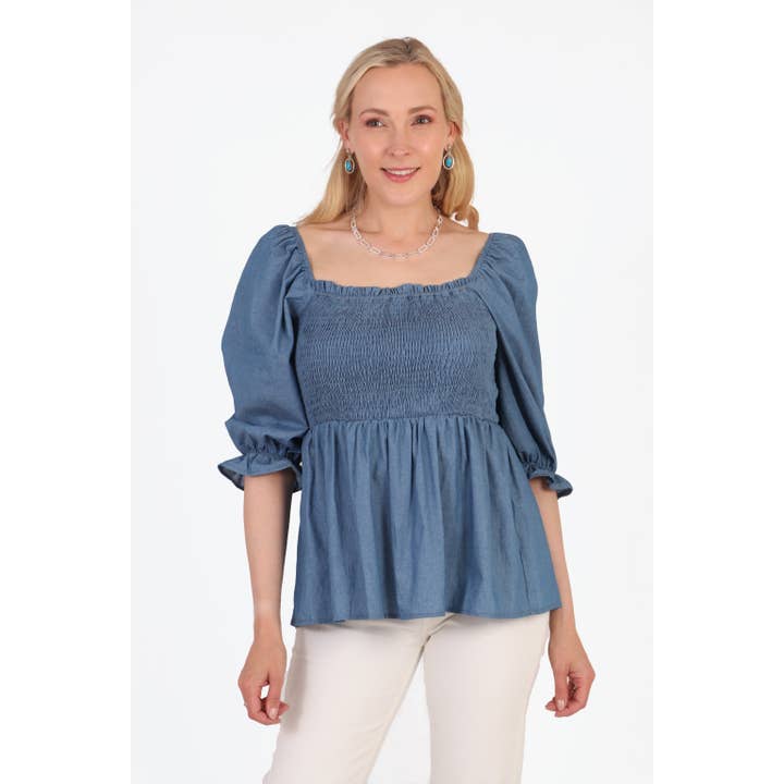 Shirred Milkmaid Peplum Top - Blue for wholesale by Sarta