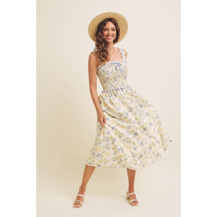 BUTTER CREAM BLUE LOVELY FLORAL SMOCKED MIDI DRESS WITH BOW for wholesale on Faire