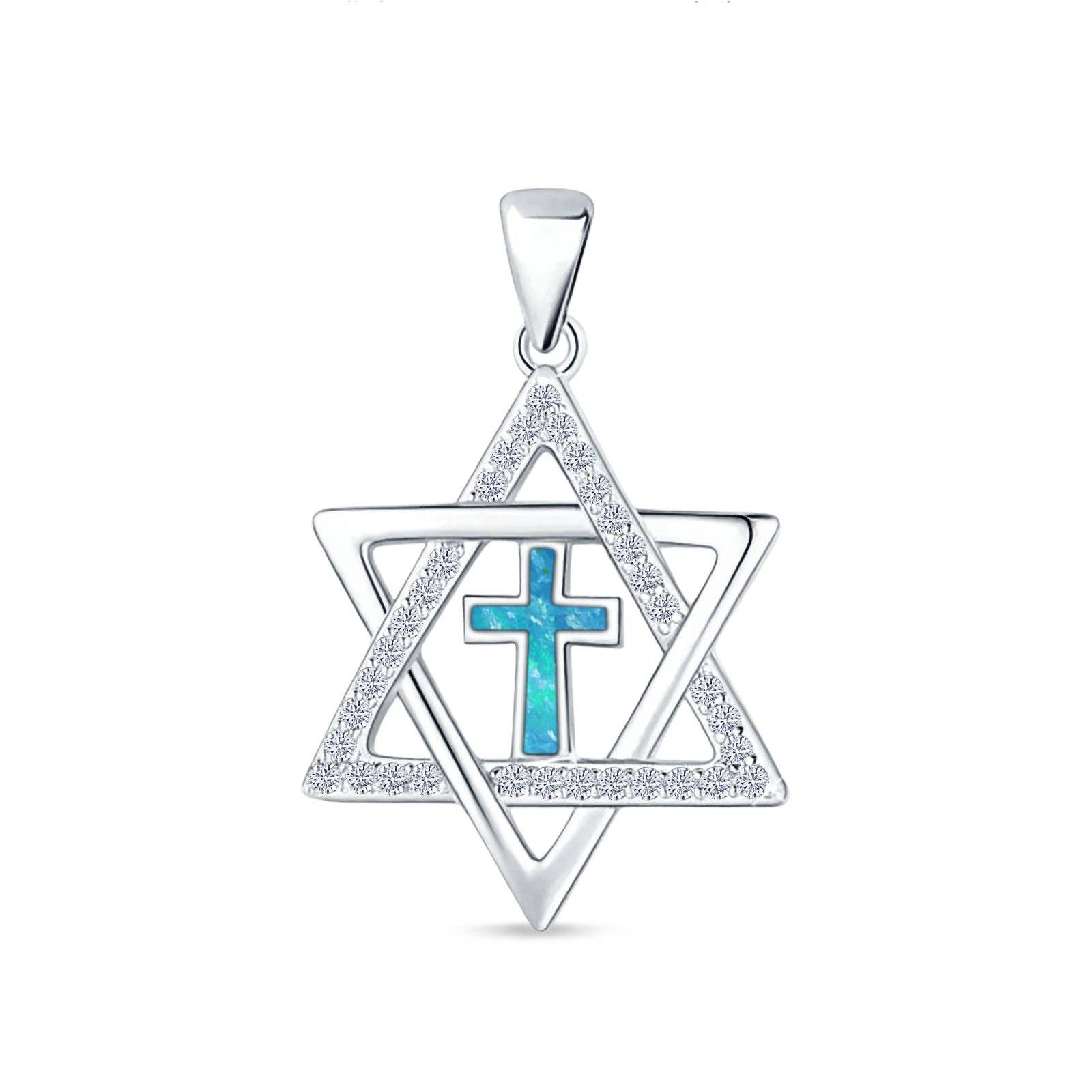 Blue Apple Imports - Wholesale Pendant/Charm Necklace - Lab Created Blue Opal & CZ Star Of David & Cross Pendant0