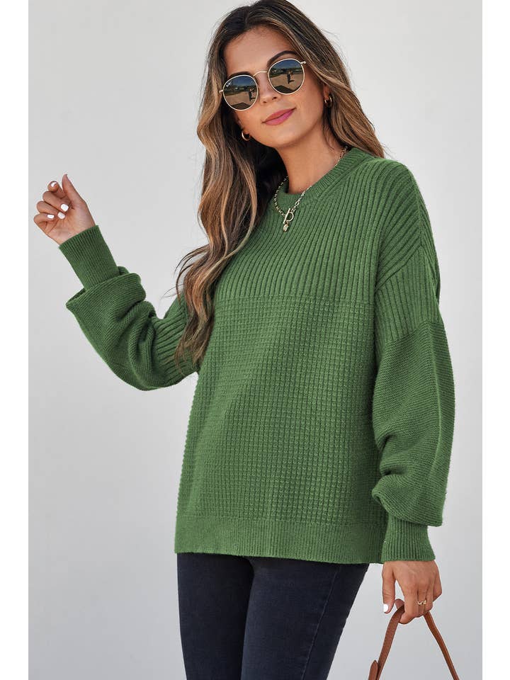 Vineyard Green Solid Textured Knit Crewneck Sweater for wholesale on Faire1