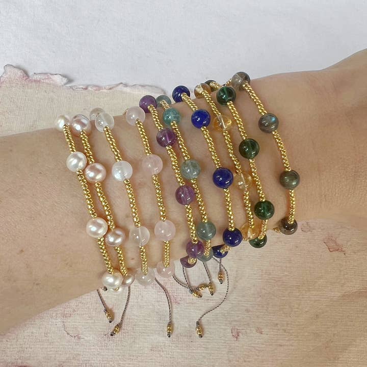 Natural Gemstone and Gold Glass Bead Bracelets for wholesale by Wonder Objects