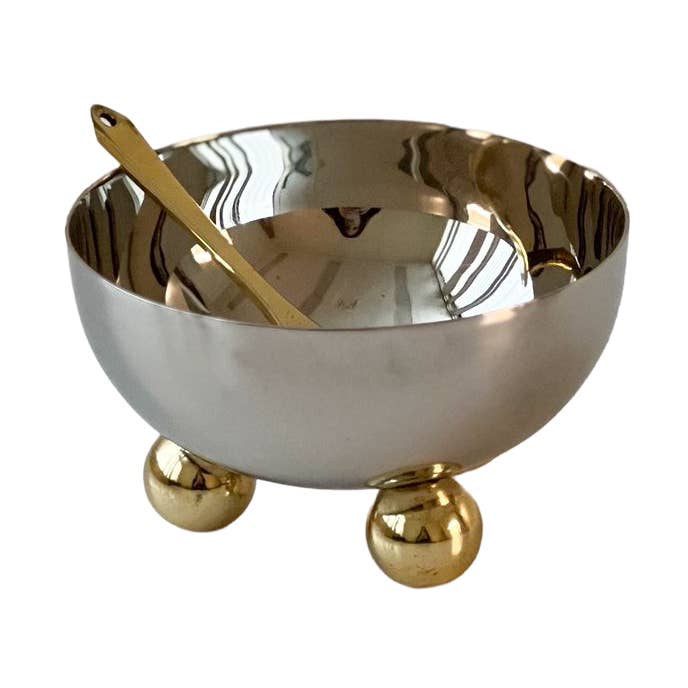 Stainless Steel Salt Bowl with Gold Balls and Spoon for wholesale by Boker-Tov Shalom