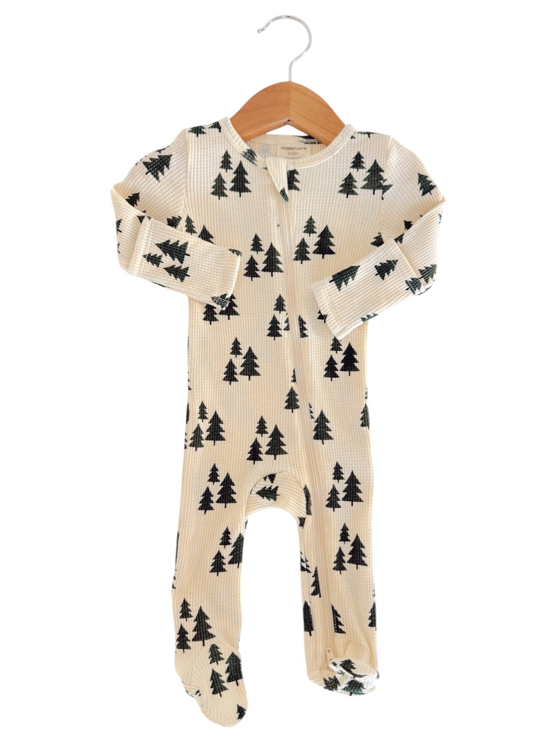 SpearmintLOVE – wholesale Jumpsuit – Baby – Organic Waffle 2-Way Zip Footie, Forest Green Trees1