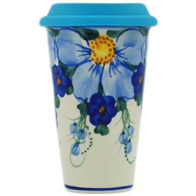Polmedia Polish Pottery - Wholesale Coffee Mug - Travel Coffee Mug 6" Himalayan Blue Poppy Theme UNIKAT2
