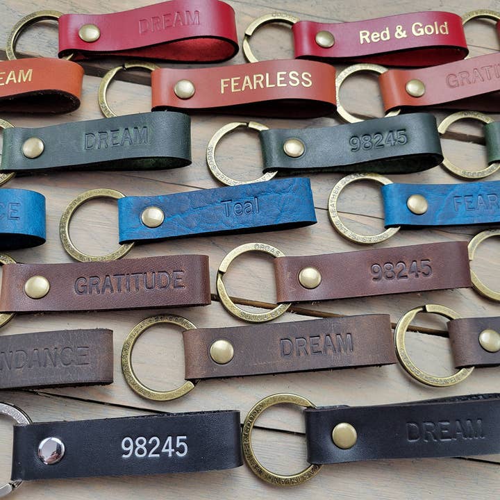 Custom Stamped Leather Loop Keychains for wholesale by Orcas Island Leather Goods