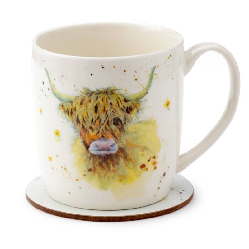 Puckator Ltd – Engroshandel Kaffekrus – Jan Pashley Highland Coo porcelænskrus og korkunderlag sæt1