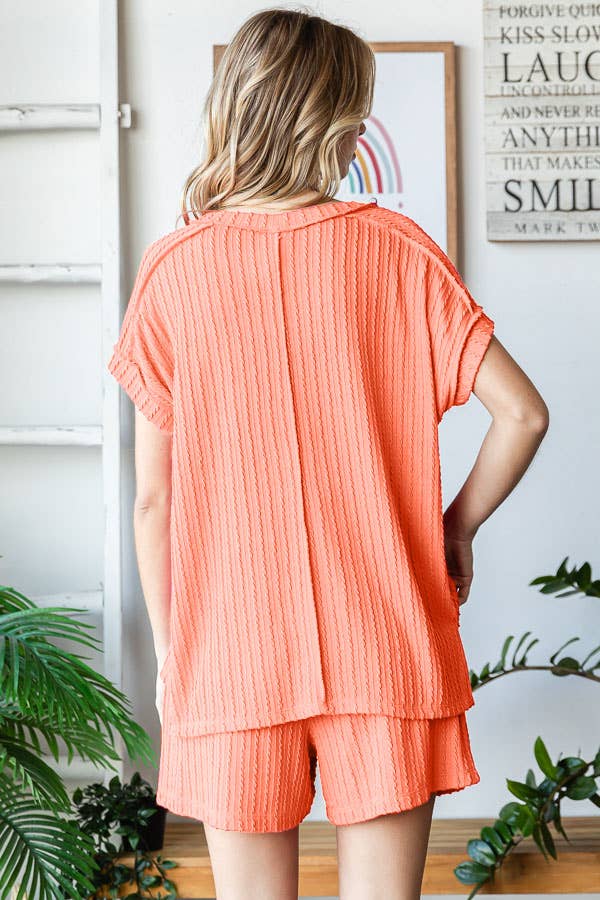 7th Ray - Wholesale Loungeset - Dames - Effen Getextureerde Korte Mouw Top en Korte Lounge Set TP549912