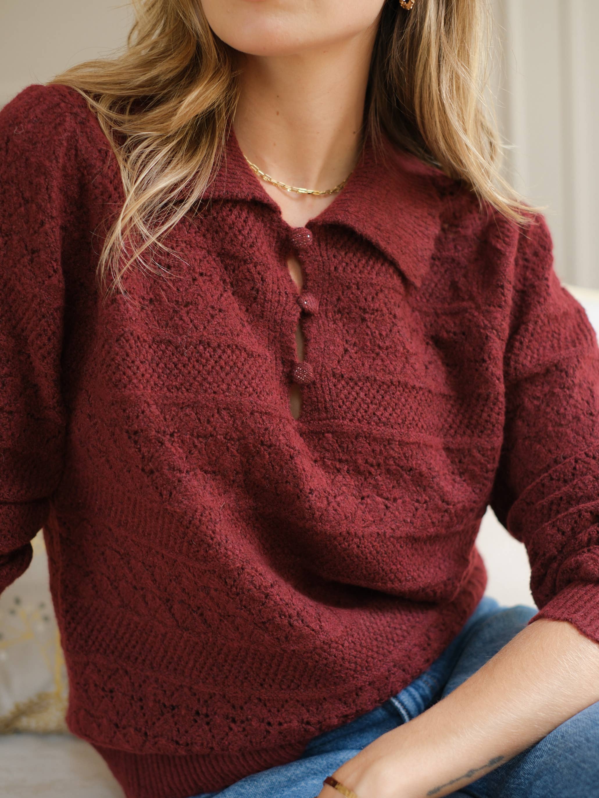 LOVIE & CO - Wholesale Knit Sweater - Women's - Openwork knit sweater with buttoned polo collar - 258286-LEILA2