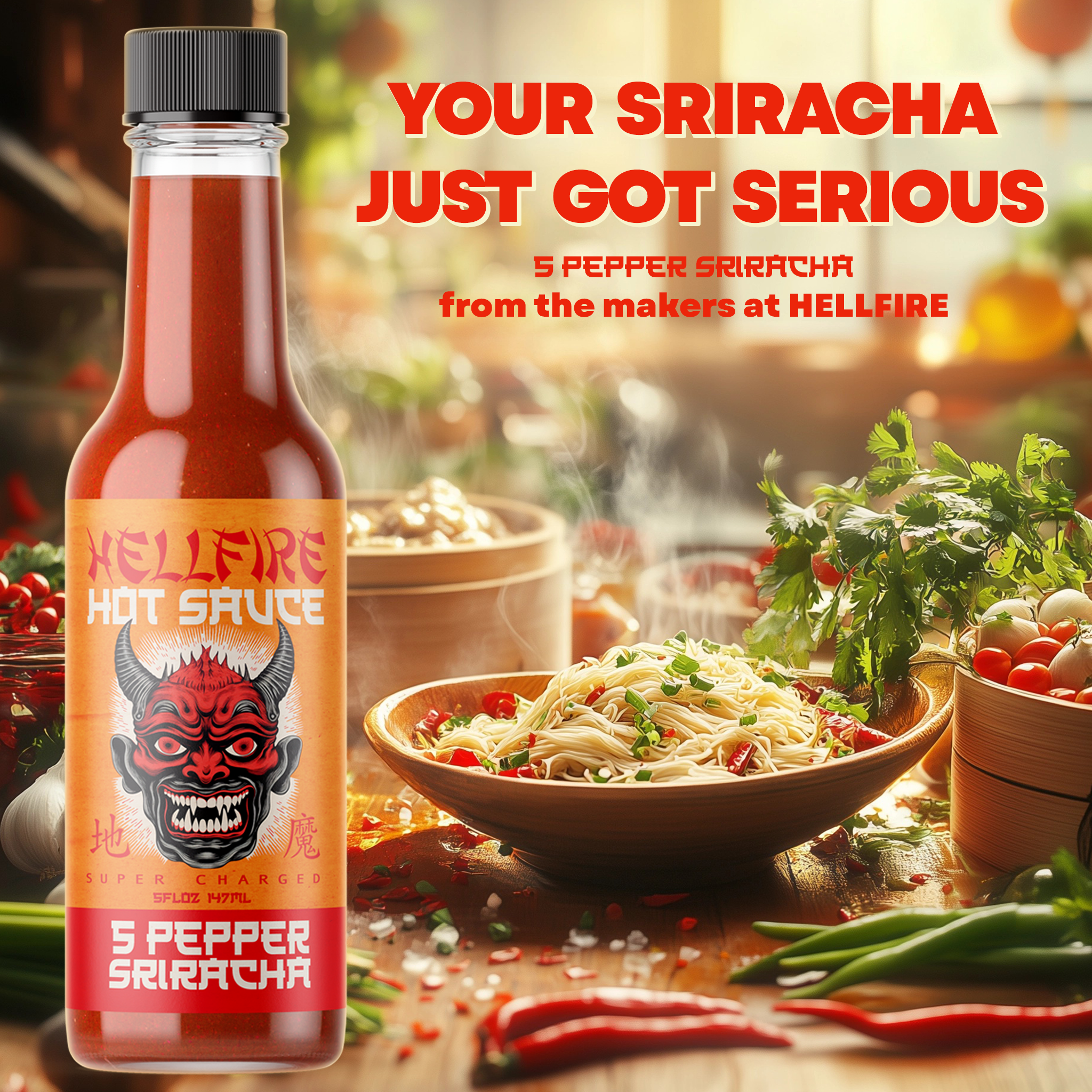 Hellfire Hot Sauce Inc - Wholesale Hot Sauce - NEW! Hellfire 5-Pepper Blend Sriracha Sauce 5oz bottle1