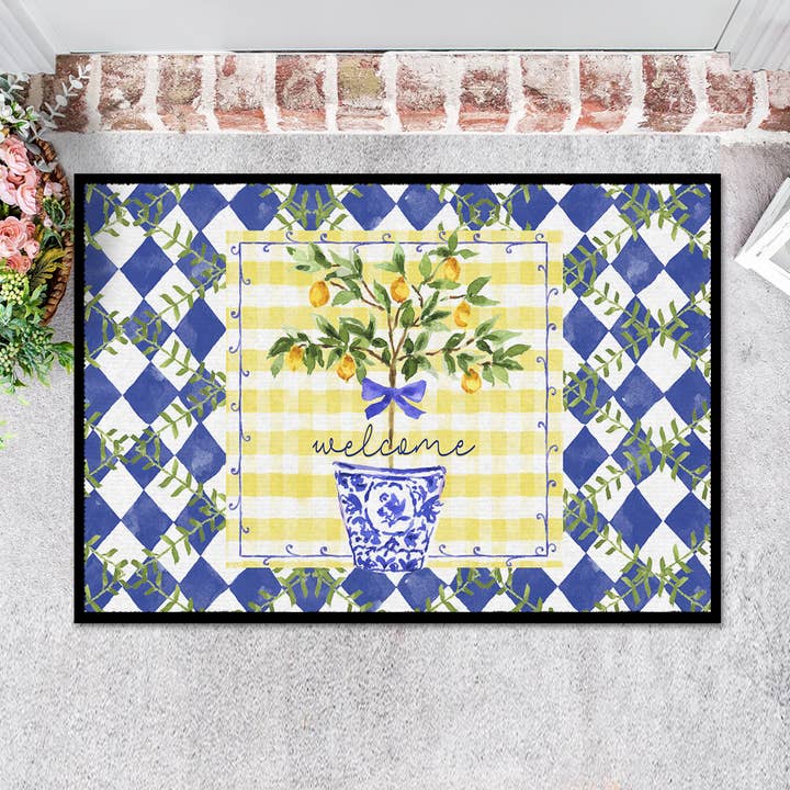 Doormat, blue yellow lemons ginger jar for wholesale by Boutique Monogram