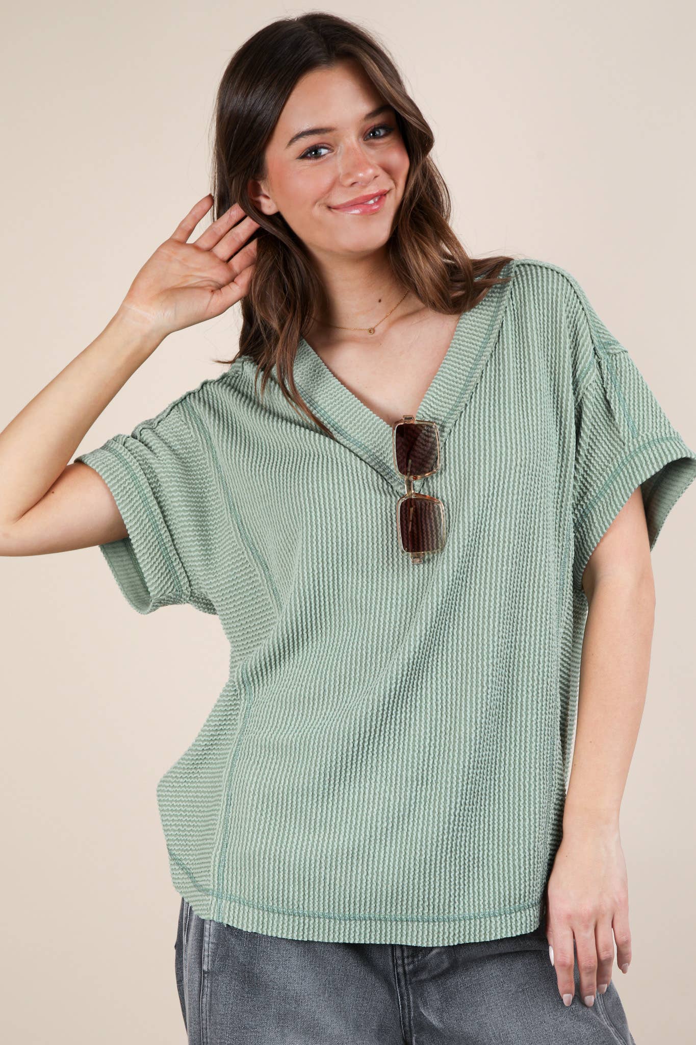 VERY J – wholesale Knit top – Women's – NT12075-Soft Two Tone Casual Comfy Ribbed Knit Top15