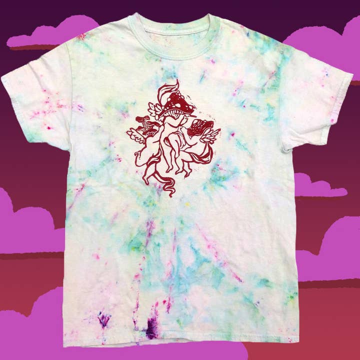 Musical Mushrooms, Shroomy Trio Hand-Dyed and Printed Tee for wholesale by Leann, the Illustrator