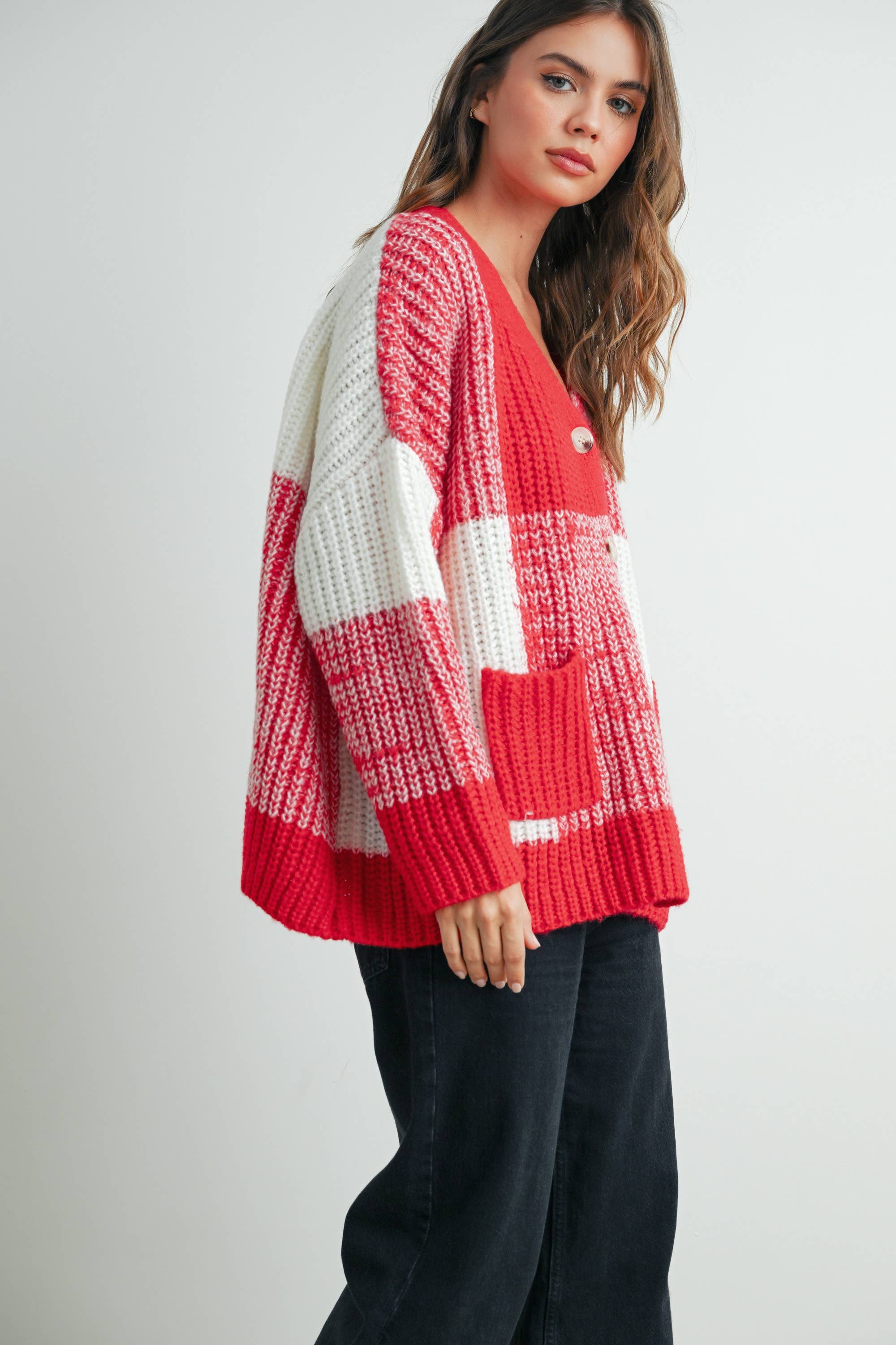 BUTTERMELON - Vendita all'ingrosso Cardigan - Donna - Cardigan oversize a quadretti con spalla scesa - BMC76078