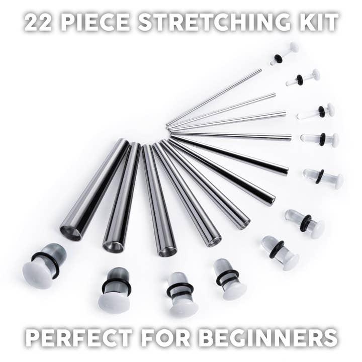 Kit per allungare le orecchie per principianti - confezione da 22 pezzi - include coni in acciaio chirurgico e trasparente - tappo/manometro in vetro bianco per la vendita all'ingrosso da parte di Custom Plugs