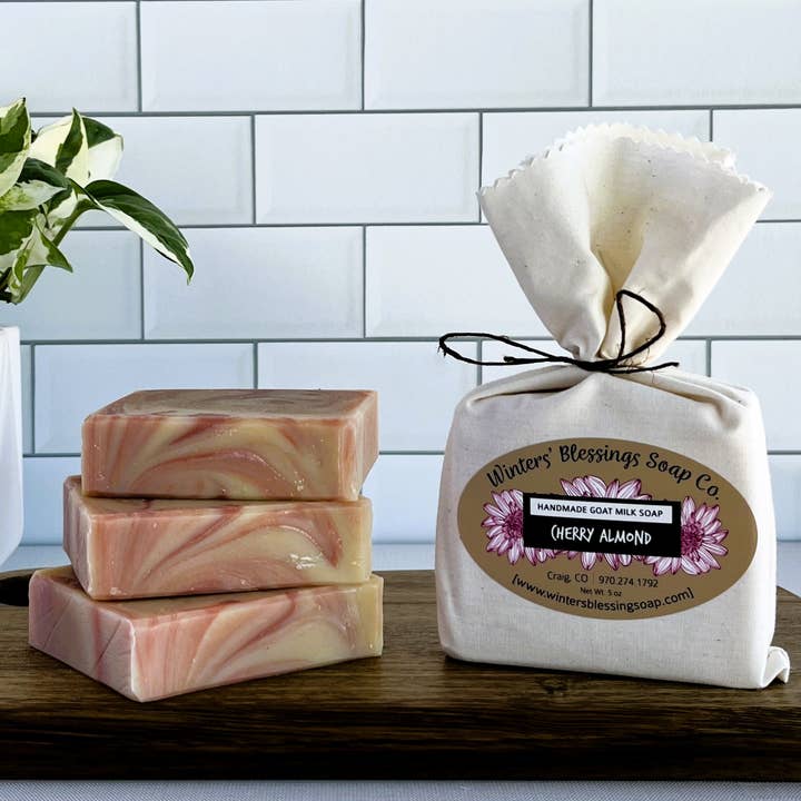 Cherry Almond Goat Milk Soap for wholesale by Winters’ Blessings Soap Co.