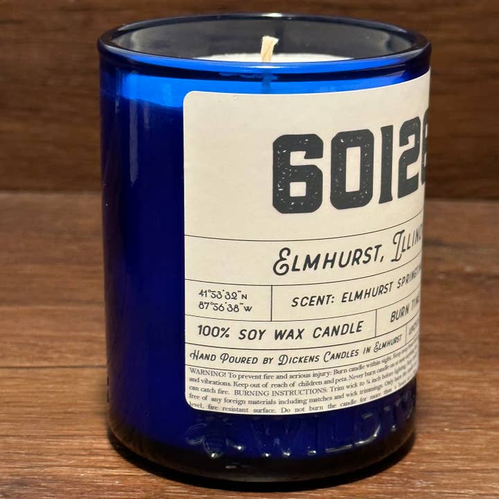 Dickens Candles - Wholesale Jar/filled candle - CUSTOM Zip Code Candle - Upcycled Large Cobalt Blue Bottle5
